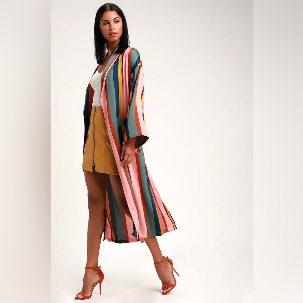 Lulus Color Your Way Satin Duster Kimono Open Front Striped Pink Multicolor
